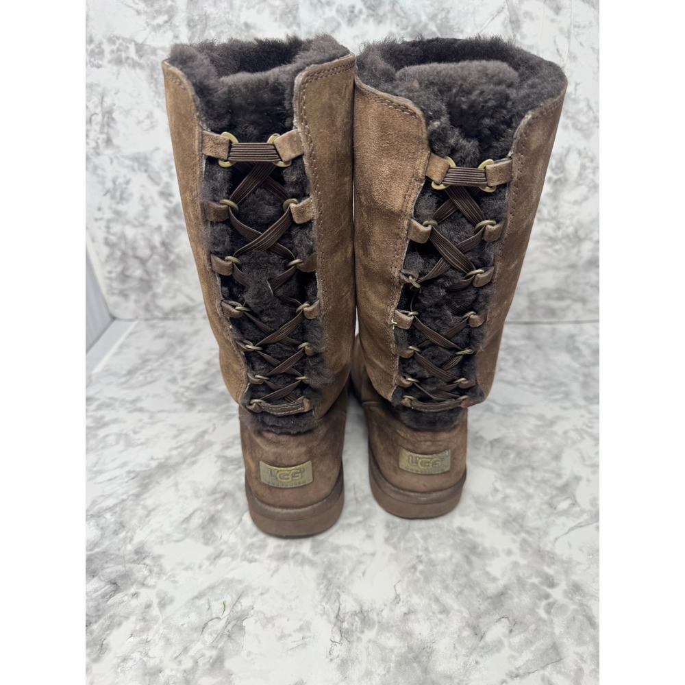 UGG Australia Tall Suede Lace Up Back Boots Brown Shearling Lined  Womens 7